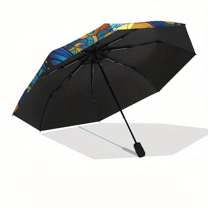 Stunning Stained Cute Butterfly Window Art Umbrella, Cute Umbrella with Cute Design, Portable 3-Fold Compact Umbrella for Men & Women, Valentine's Day