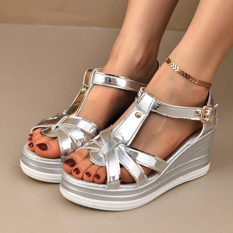 Fashion Summer Versatile Platform Heels Platform Patent Leather T-Buckle Open Toe Wedge Sandals for Women 2025