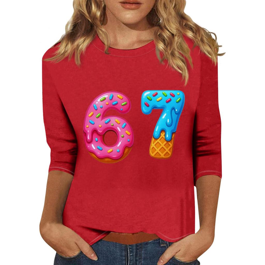 Women's Fashionable Casual Three-Quarter Sleeve Printed Neck T-Shirt Top