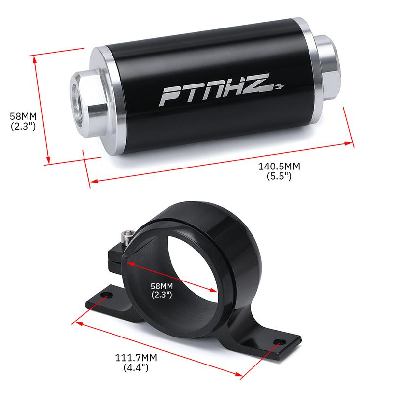 ID:58MM Universal Fuel Filter with Bracket with 2pcs AN6/AN8/AN10 Adaptor Fittings with 100micron Steel Element PQY5573+LS2511