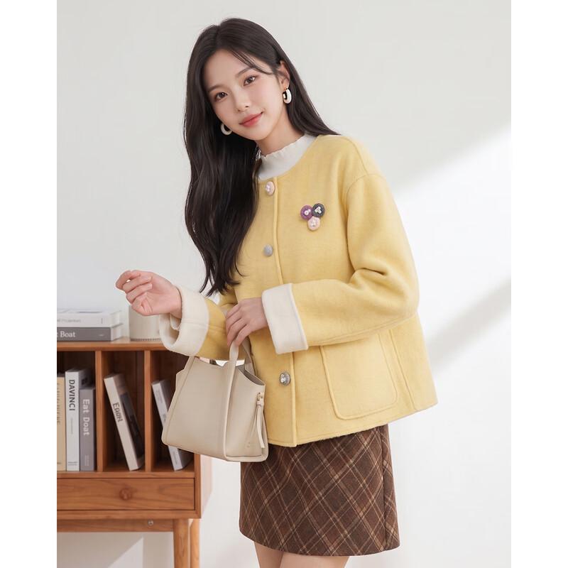 IEF Women's Short Wool-Blend Round-Neck Jacket with Decorative Buttons