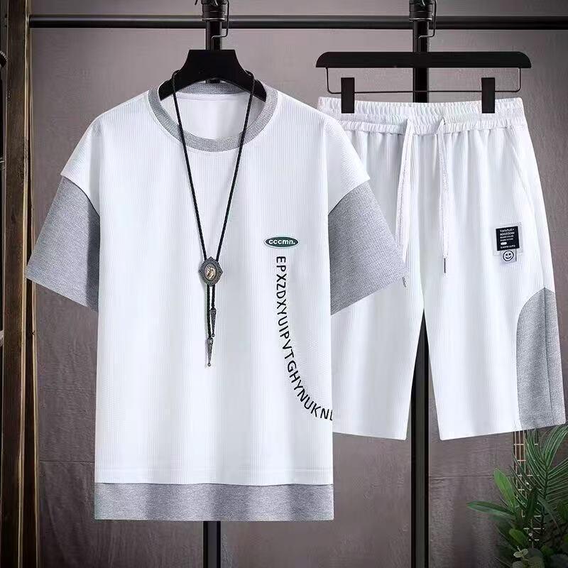 

Чоловіча спортивна літня вафельна футболка з коротким рукавом та повсякденний костюм-двійка 4XL