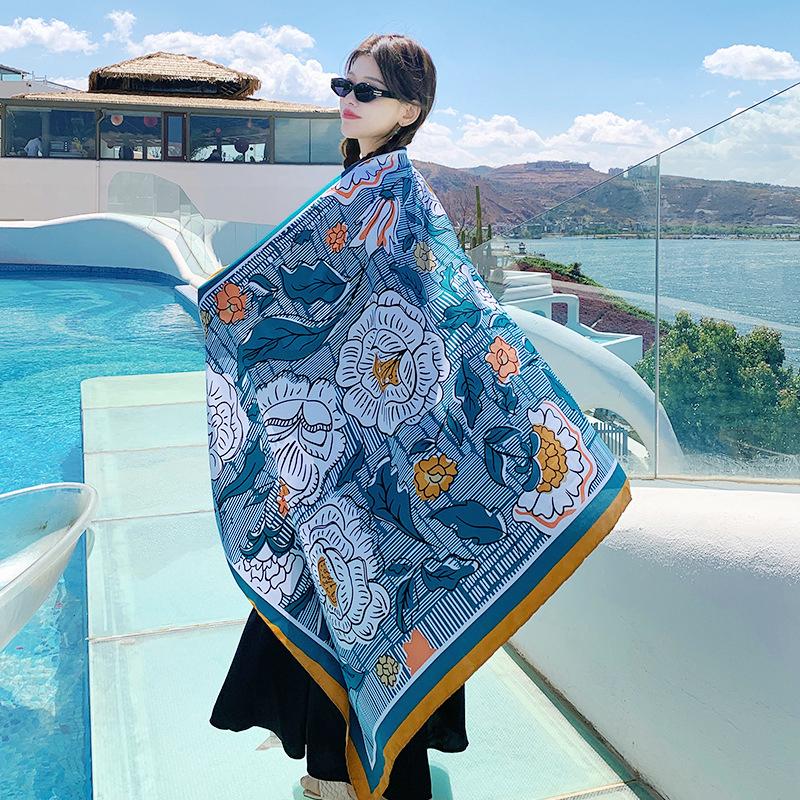 

Summer Elegant Women Silk Scarf Beach Wrap Shawls Vintage Floral Print Lady Sunscreen Bandana Hijab Mujer Bohemian Scarve Pareo One Size& 8Y