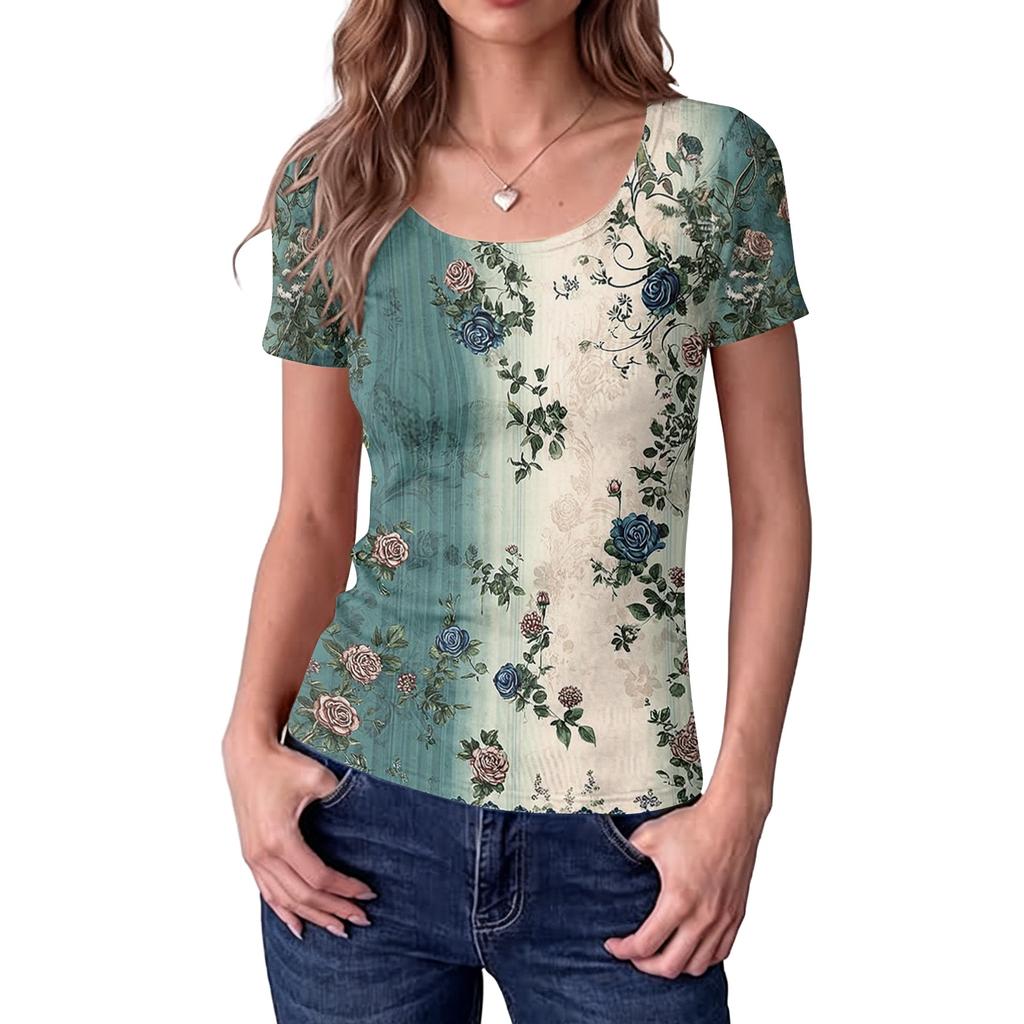 Women Slim Fit Square Neck Vintage Floral Print Short Sleeve Top Stretchy Ribbed Knit Fabric Casual Summer Shirt