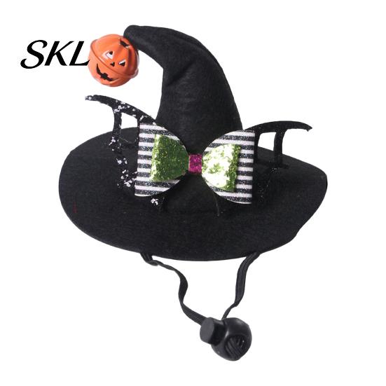 Pet Halloween Hat Cat Wizard Hat, Bent Pointed with Pumpkin Bell, Sequined Bow Festive for Cats Small Dogs Stiff Felt