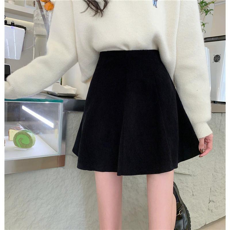 

Casual All-match Versatile Black Corduroy Skirt for Women Autumn Winter High-waisted Slimming Pleated Skirt Petite A-line Mini Skirt XS