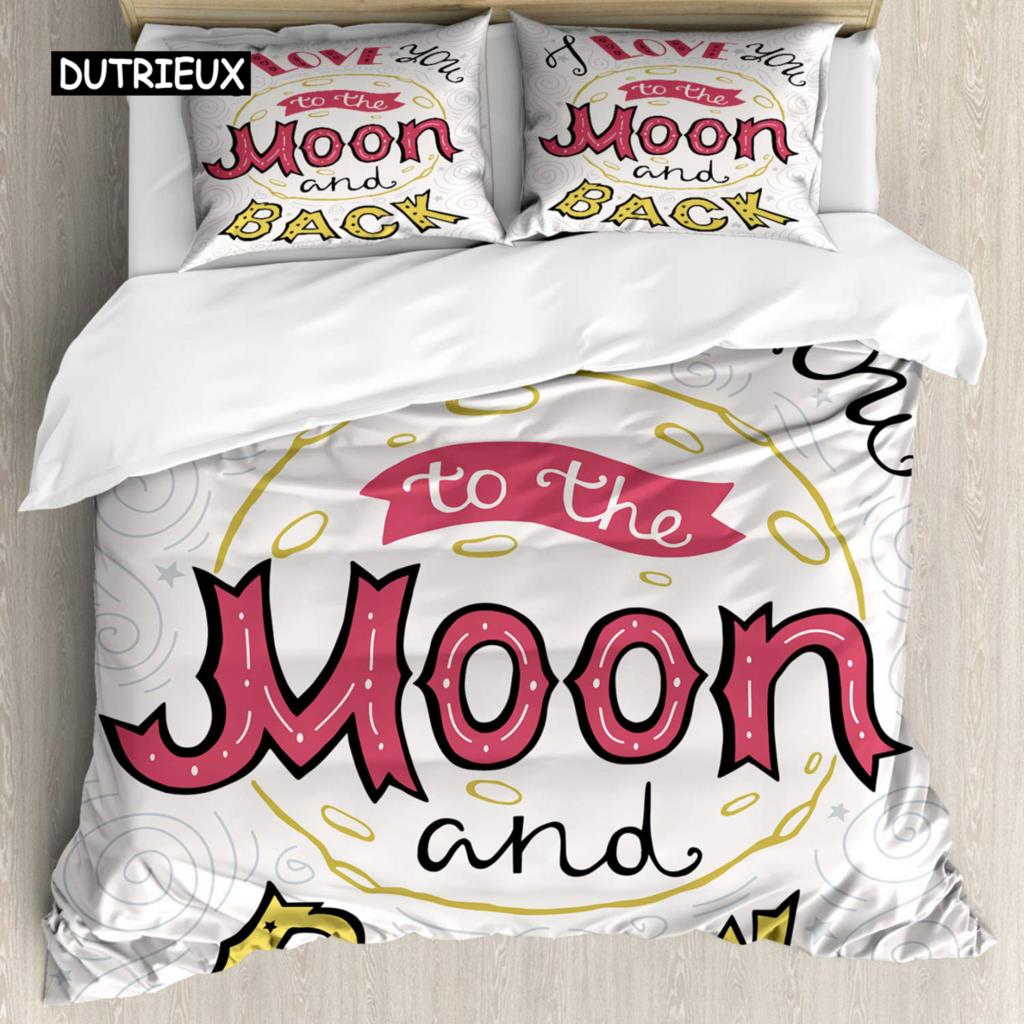 I Love You Duvet Cover Hand Drawn I Love You To The Moon and Back Words with Stars Celebration King Size Polyester Bedding Set