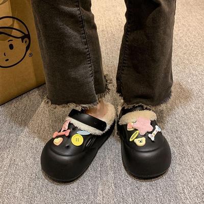 2025 Autumn and Winter New Fashion Outer Wear Muffin Thick-soled Warm Cotton Slippers Cute Cartoon Star Hole Shoes Women