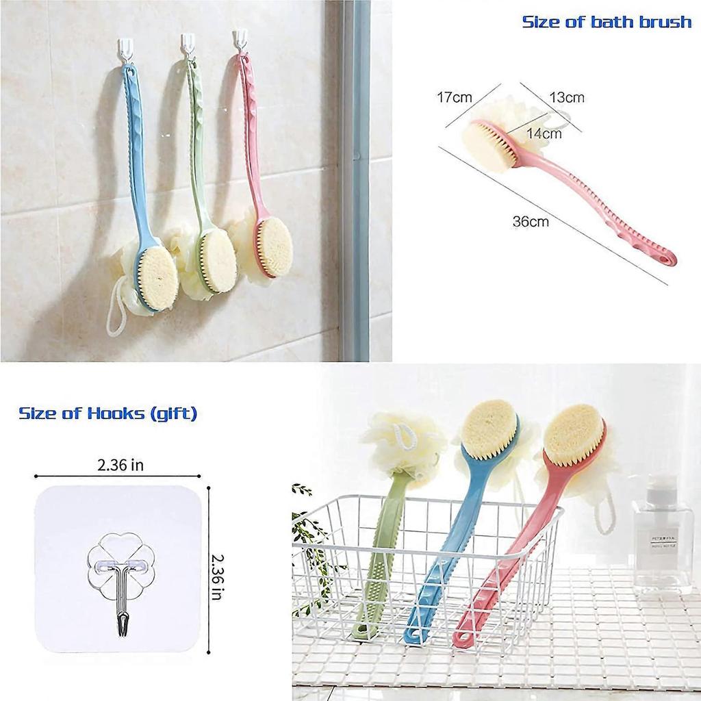 Shower Body Brush with Bristles and Loofah 2 Pack, Back Scrubber Bath Mesh Sponge with Curved Long Handle for Skin