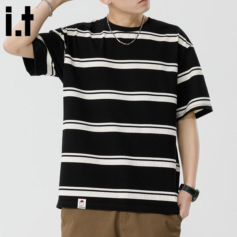 CHOCOOLATE Men's Stripe Color-block Crew Neck T-Shirt
