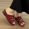Cowhide Version~ One-word Hollow Strap Half Slippers Women's Slope Heel Soft Niche Design Leather Cool Slippers