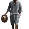 Men's Summer V-neck Jacquard Casual Suit - Short Sleeve & Shorts Two-piece Set