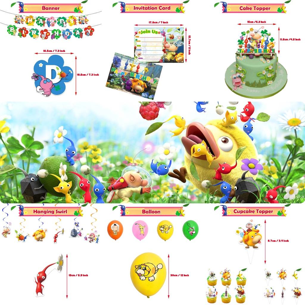 Pikmin-4 Geburtstagsparty-Dekorationsset: Papiergirlande, Luftballons, Tortenaufsatz, Cupcake-Aufsatz und mehr!