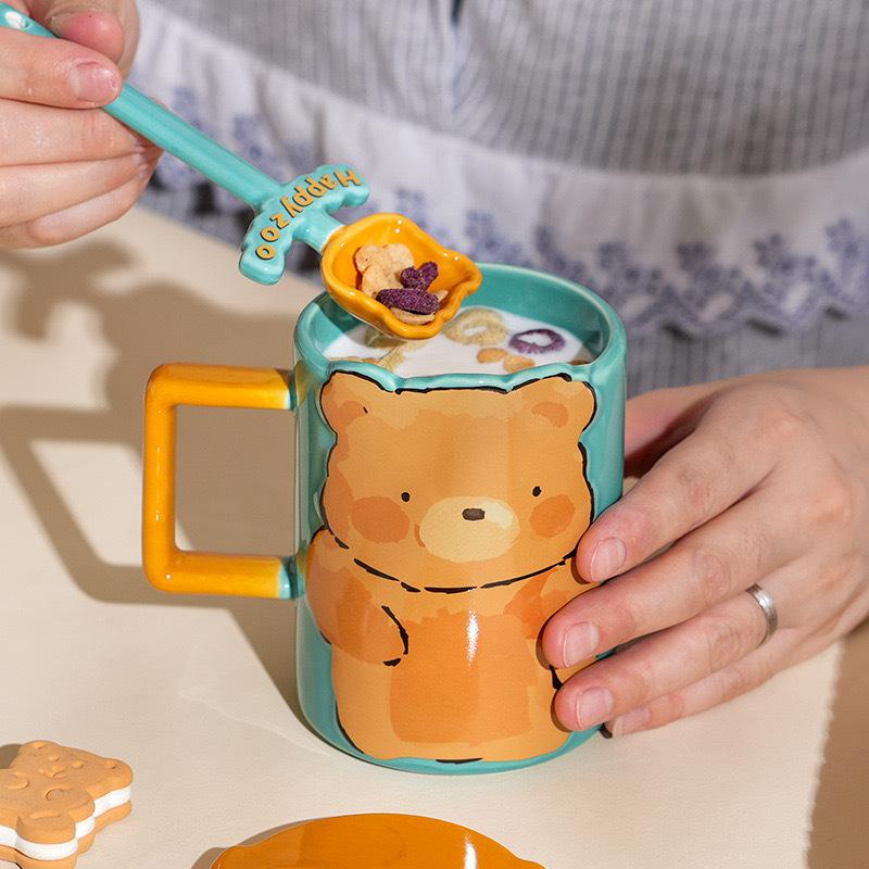 Cartoon Animal Ceramic Cup Cute Cute High Value Water Cup Girl Student Couple Mug with Lid and Spoon