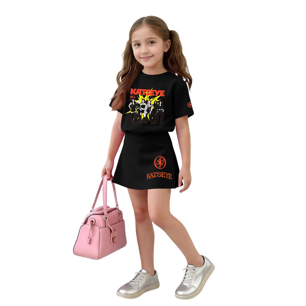 Girls Casual Loose Fit Short Sleeve Crew Neck T-Shirt and Skirt Set Lightweight Comfortable Soft Fabric Suitable for Everyday Wear