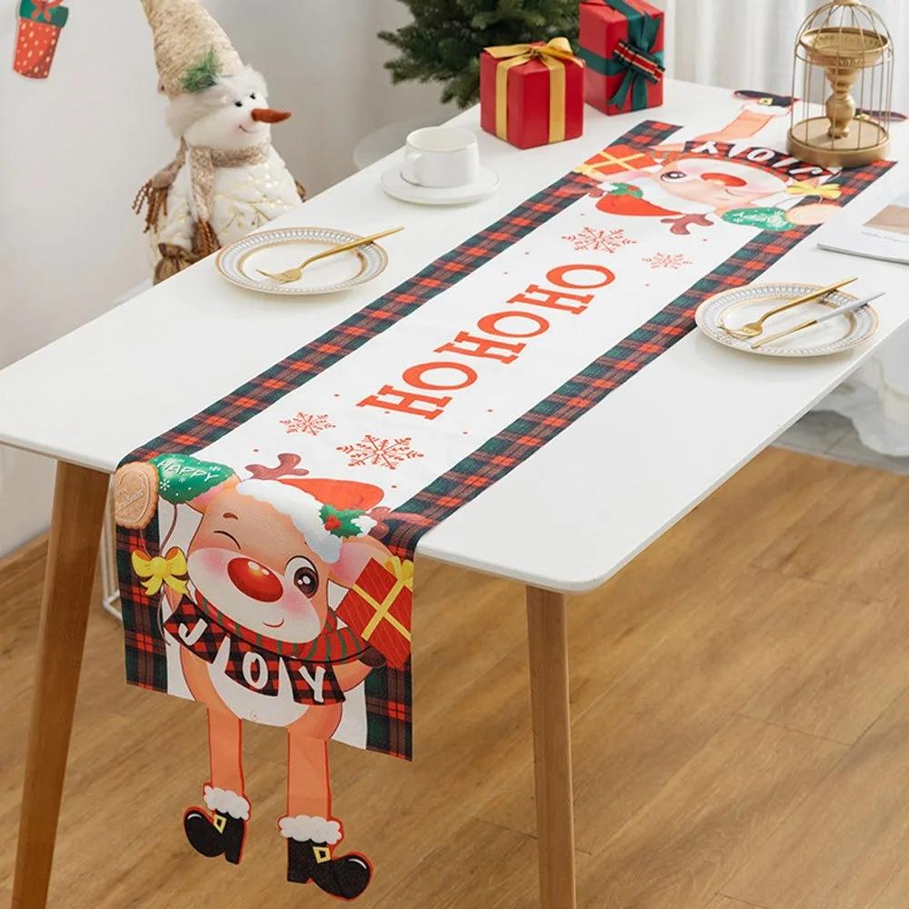 Cartoon Fabric Christmas Tablecloth Xmas Ornament Navidad Table Runner Reusable Merry Christmas Table Flag Christmas