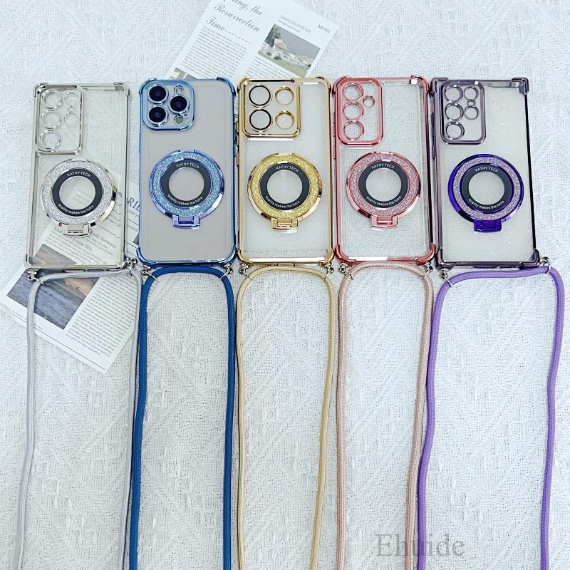 Magnetic Stand Lanyard Case For Samsung Galaxy A56 A36 A16 A26 A06 A55 A35 Plating Crossbody Strap Shockproof Soft Clear Cover
