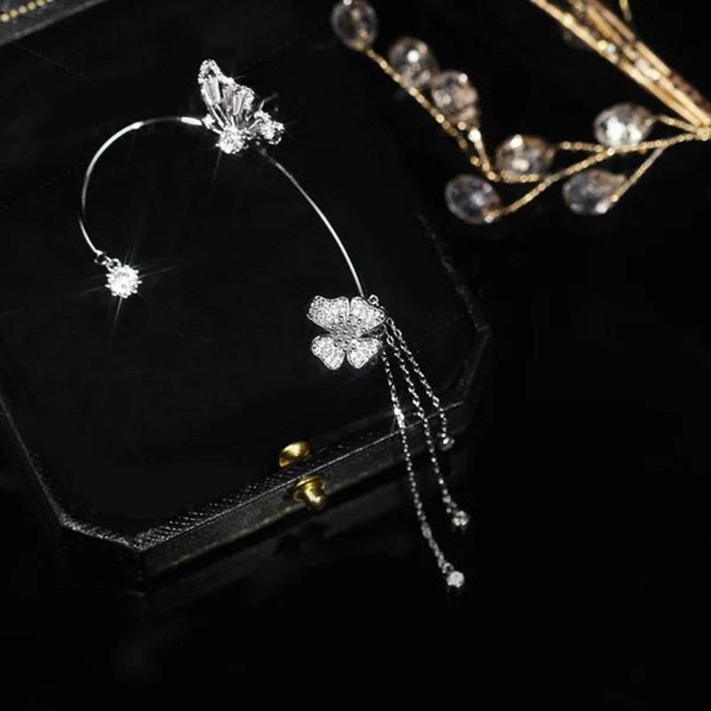Golden Butterfly Ear Clips with Pendant Diamond Jewelry Gift Wedding Earrings Elegant Handcarved Design Ear Clips Without Piercing