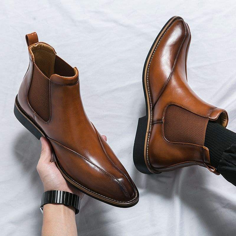 Korean Version of Chelsea Men's Boots Men's High-top Leather Shoes Pointed Men's Boots British Heightening Martin Boots Breathable Short Boots