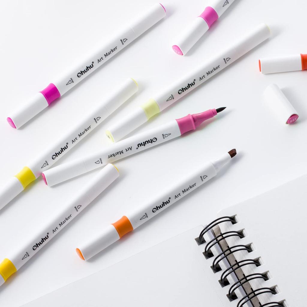 Ohuhu Brush Marker 48 Brush and Broad Illustration Triangular Blender Pen Alcohol Marker Set B Pens, Colors, Beginner's, Point, Markers, Shaft,