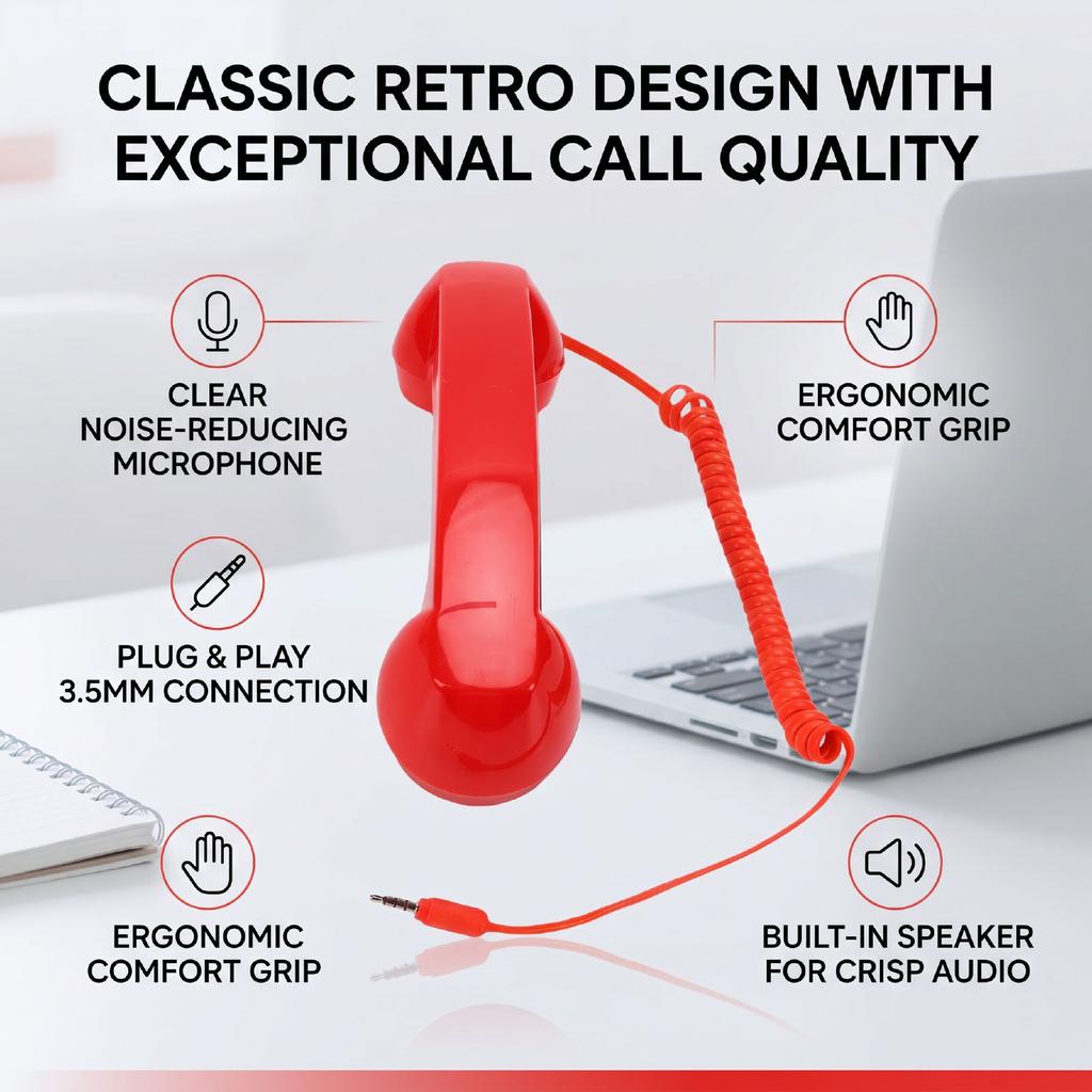 3.5mm Retro Phone Handset Vintage Wired Plug in Handheld Cell Phone Receiver with Microphone Speaker for Video Calls