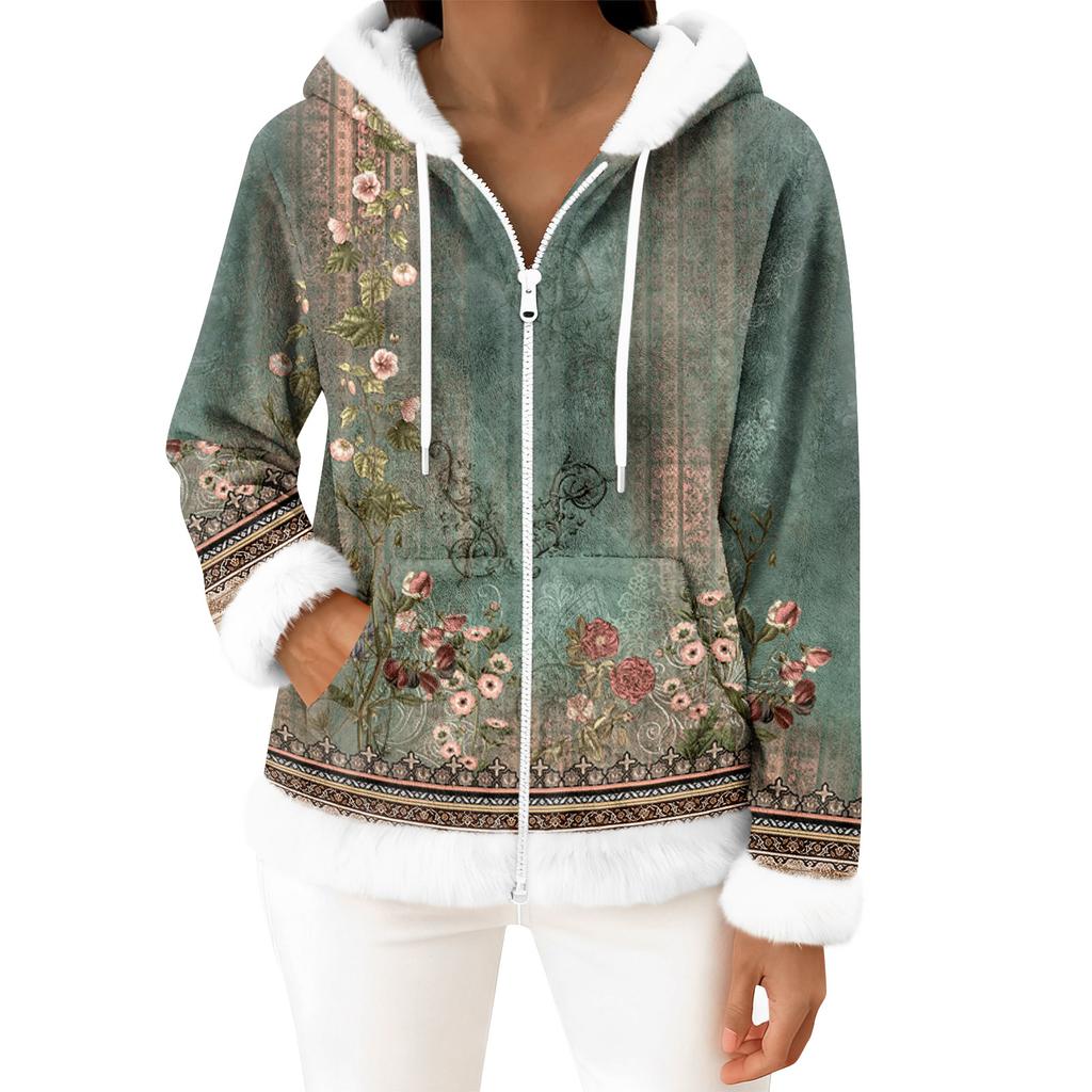 Damers vardagliga mode långärmad fleecekofta med dragkedja och huva