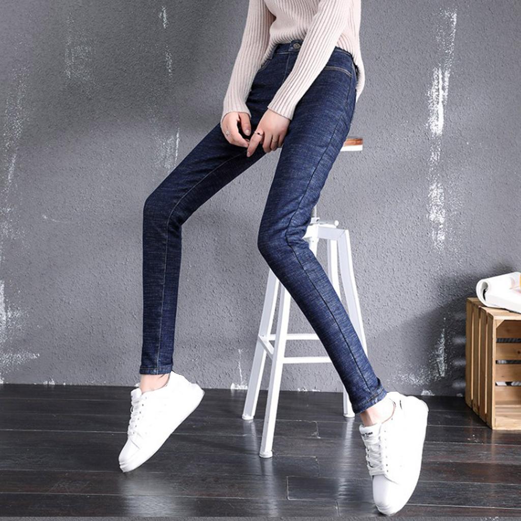 Women Fashion Soild Plush Jeans High Waist Thickened Tight Fitting Sweatpants Warm Casual Pants