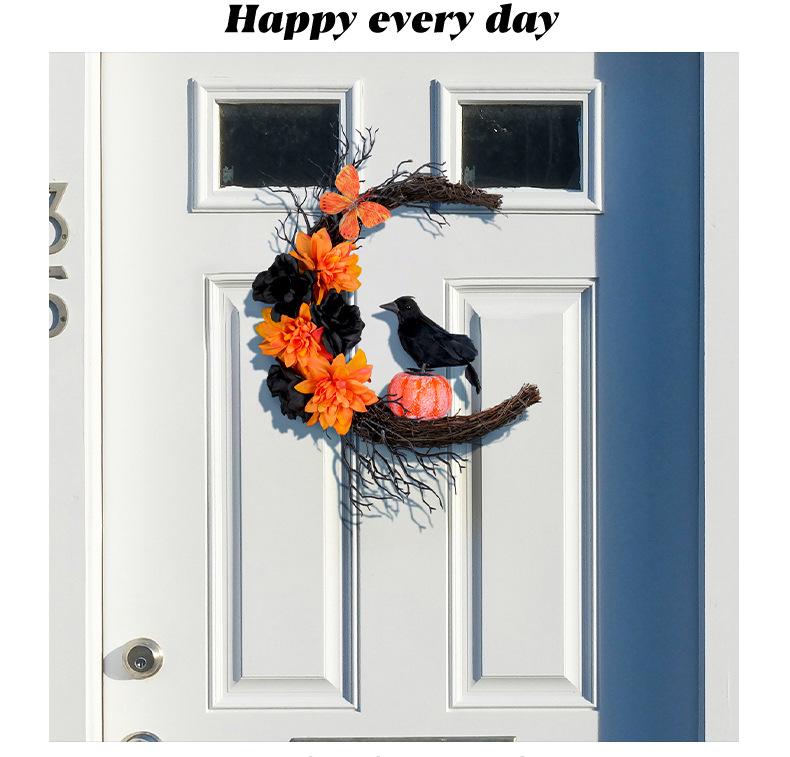 Gruseliger Halloween-Kranz: Orange & Schwarze Krähe mit Mond, Kürbissen & Getrockneten Ranken – Perfekte Tür- oder Wand-Festivaldekoration