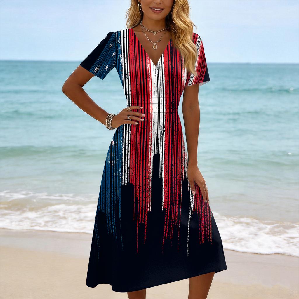 Damen Kurzarm V-Ausschnitt Midi-Kleid mit Stern- und Streifen-Print Lockerer Schnitt Weicher Stoff Lässiger Stil