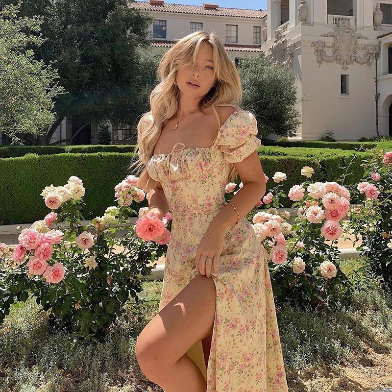 Women's Y2K Retro Bodycon Long Dress Summer Bohemian Floral Print Puff Sleeve Square Collar Tie Up High Split Dress Streetwear