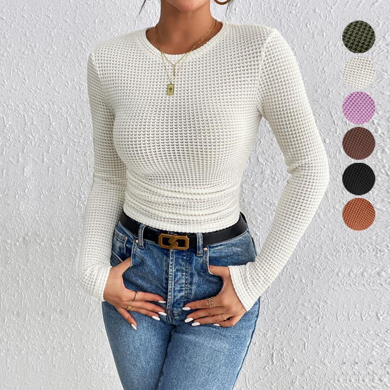 Women Solid Color Crew Neck Long Sleeve Slim Fit Casual Knit Shirt