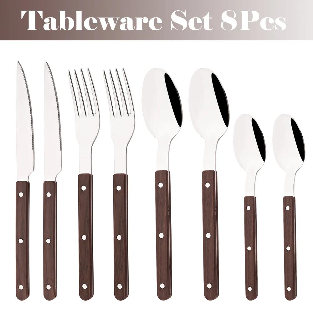 

8/16 шт. Набор столовых приборов из нержавеющей стали с имитацией деревянной ручки, Посуда, Зажим, Западные столовые приборы, Нож для стейка, Вилка, Ложка, Столовые приборы