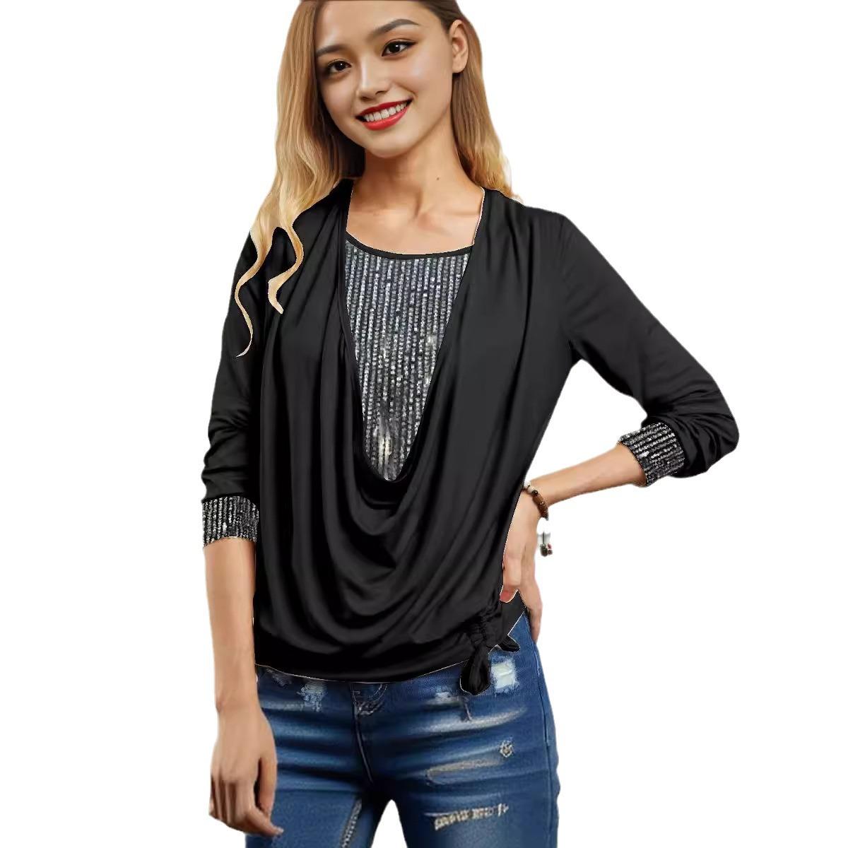 

Весенне-осенний женский топ с двумя складками, имитирующий накидку, с драпированным вырезом, пуловер с длинным рукавом 5XL чёрный