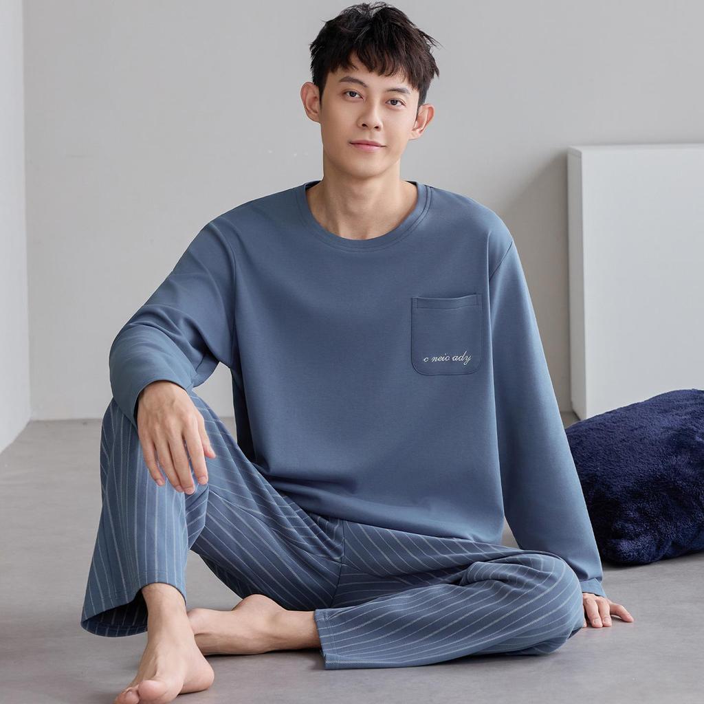 Men's Plus Size Pure Cotton Long-Sleeve Pajamas - Spring & Autumn Style for All Ages