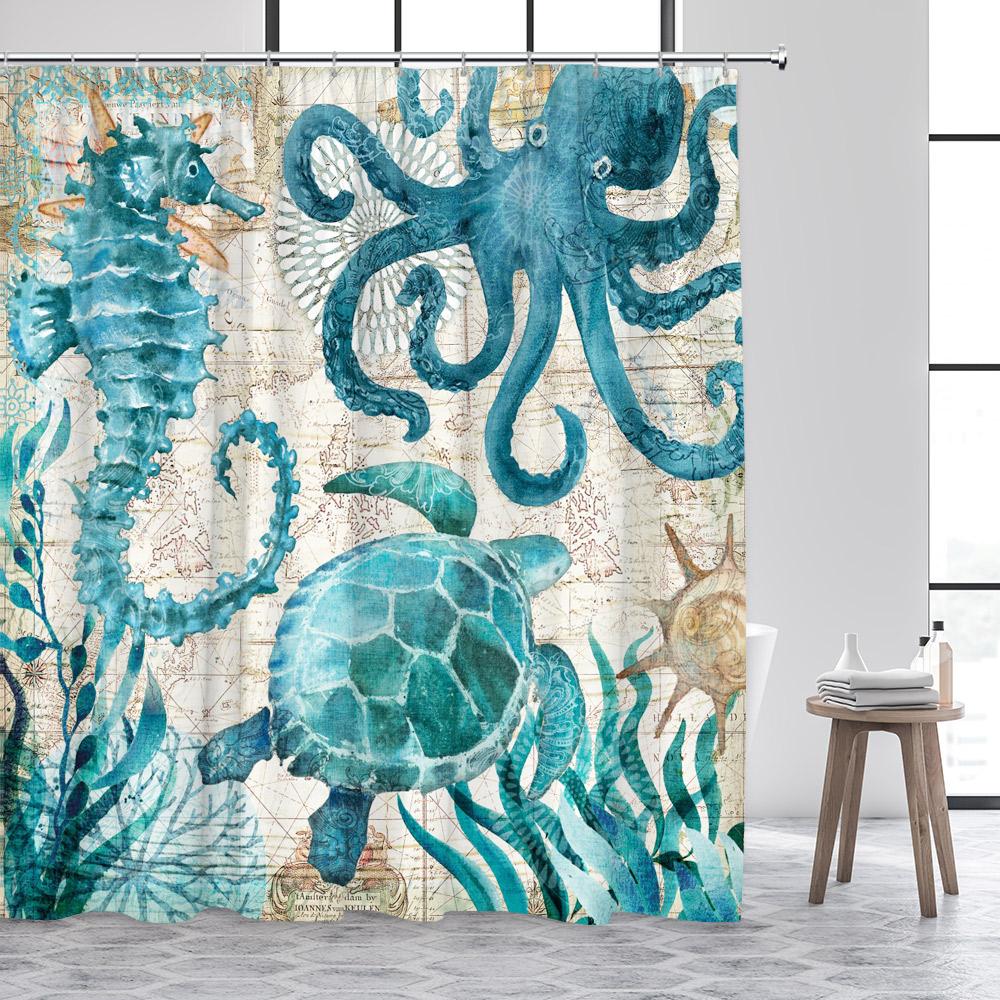 Ocean Sea Turtle Shower Curtain Seahorse Starfish Seagrass Fish Animals Underwater Scenery Fabric Bathroom Curtains Decor Set