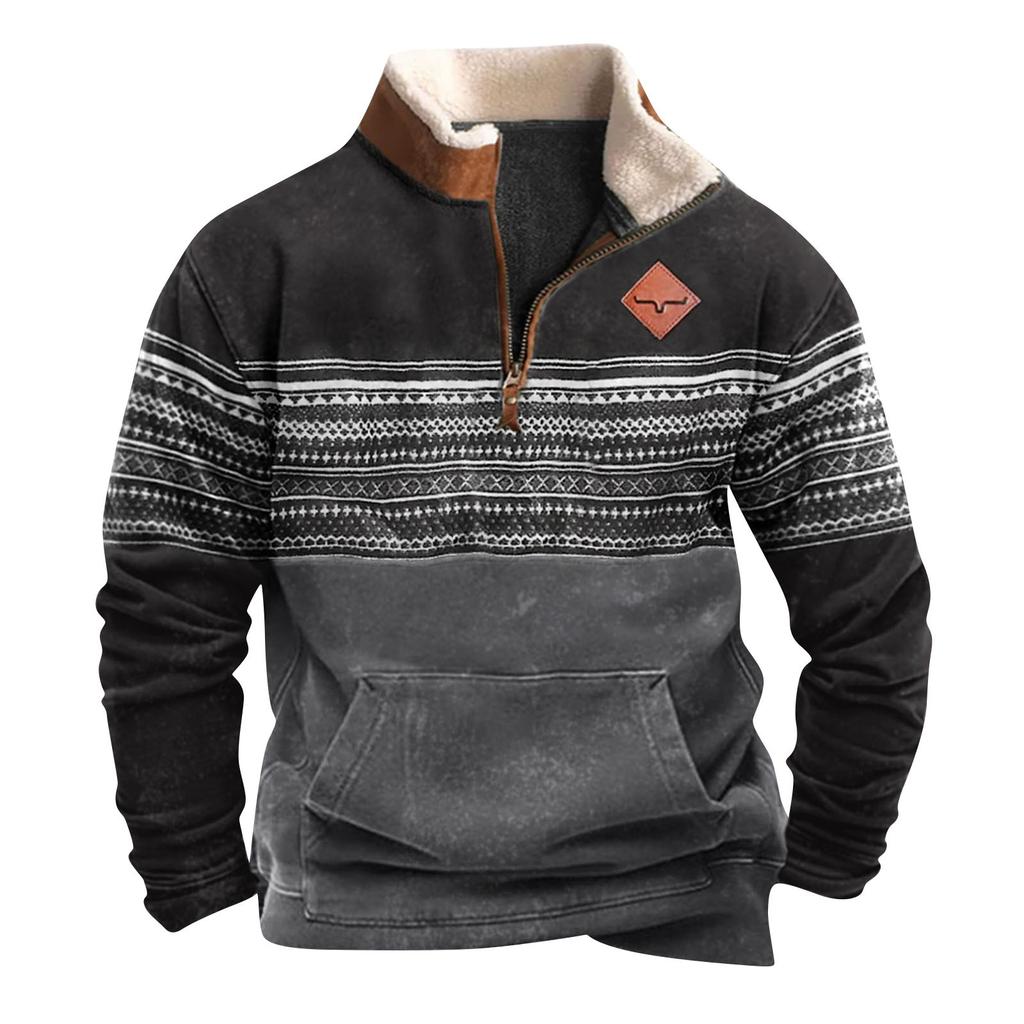 European Size Men's Retro Western Style Zippered Standneck Sweater