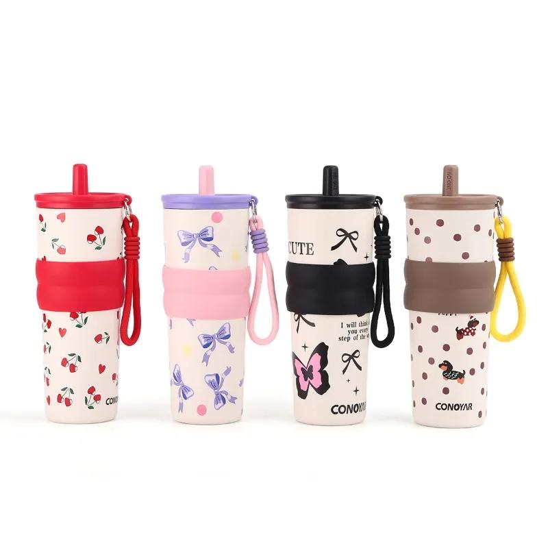 710ML Stainless Steel Insulated Cup for Boys and Girls, Portable Cooling Ice Cream King Cup, Outdoor with Lifting Rope Straw Cup