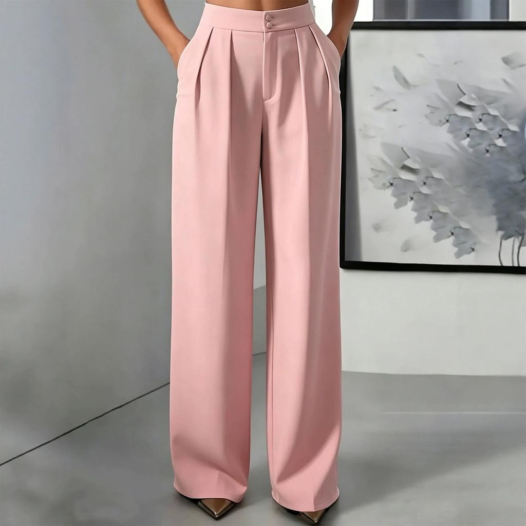 Women's High Waisted Straight Leg Dress Pants with Pockets, Elastic Waist Button Closure Loose Fit Trousers for & Casual Wear