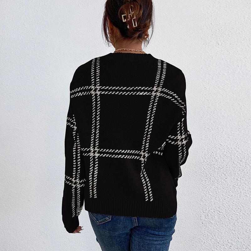 Europäischer & Amerikanischer Karomuster Farbblock Rundhals Pullover Strickware für Damen - Herbst/Winter Stil