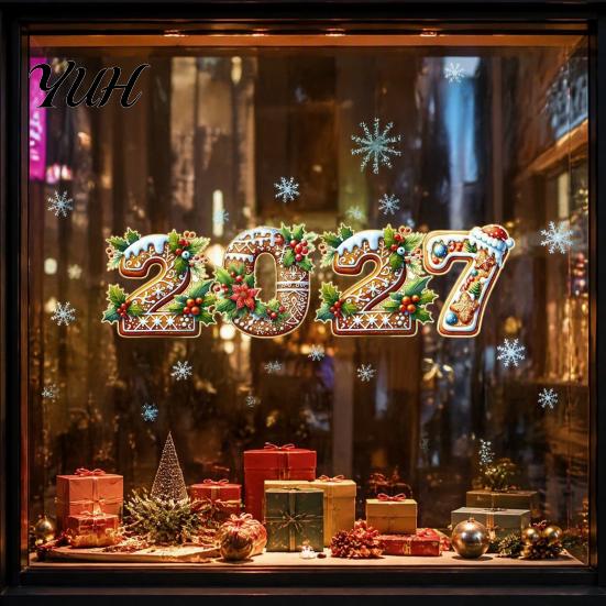 Reusable Festive Wall Decals 2027 Gingerbread Christmas Static Window Clings, Xmas New Year with Man Decors Santa Snowman Snowflake, Stickers for Home