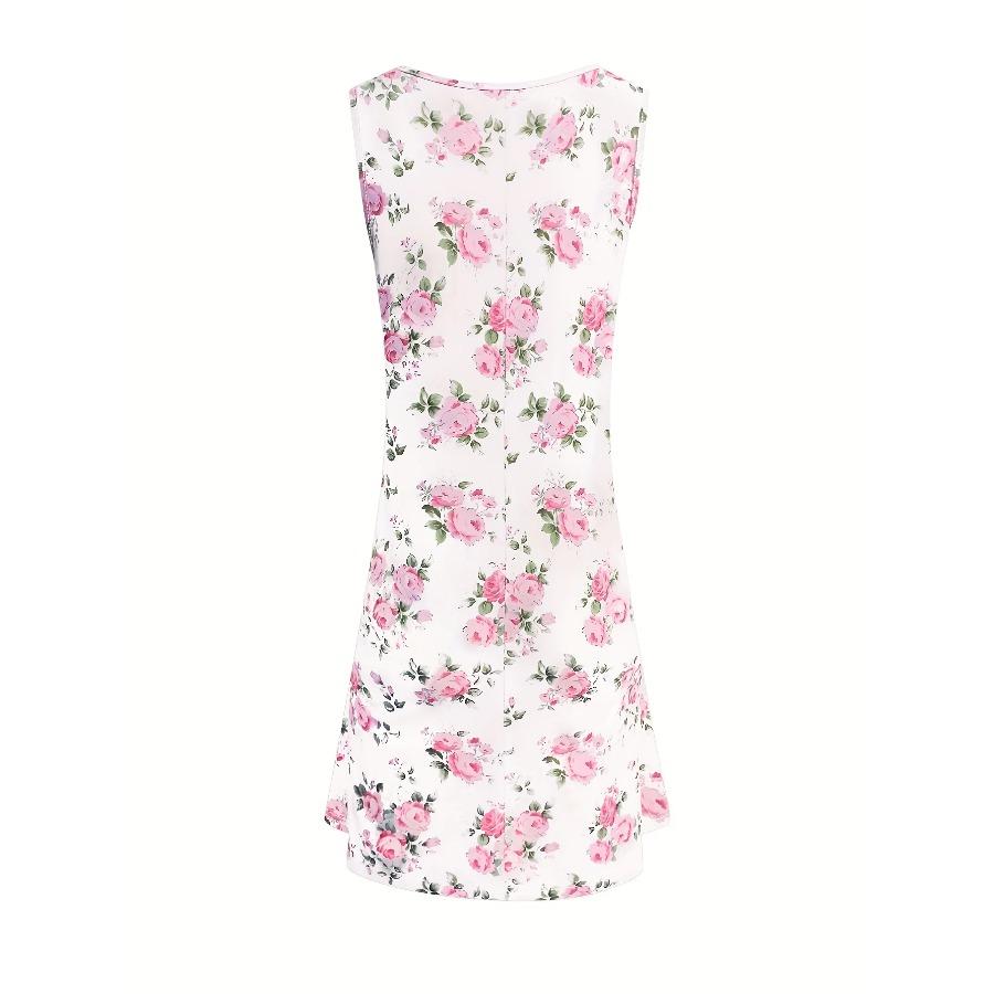 Women's Summer Beach Vacation Sleeveless O-Neck Dress Floral Print Dress with Pink Roses Green Leaves Elegant Casual Resort Wear