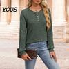 Crew Neck Pullover Women Ribbed Long Sleeve Top, Loose Casual Blouse with Button, Solid Soft Blouses Color ShCrew irt for Spring Autumn Top