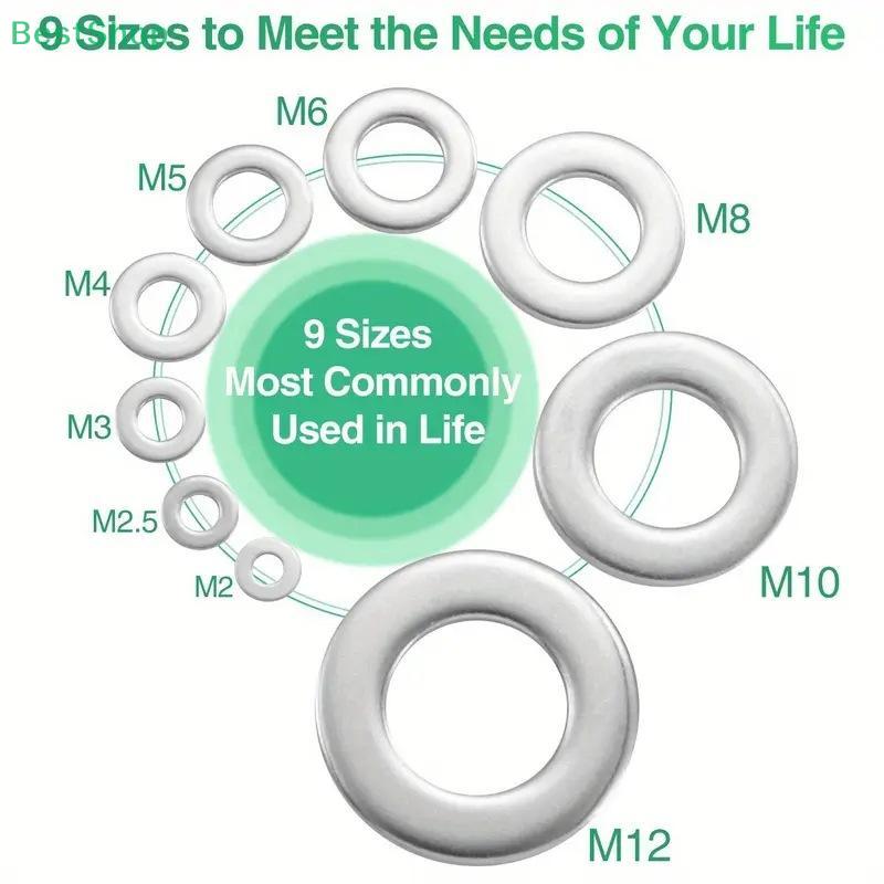 180 Stück Schraubenscheiben, Metall-Flachscheiben-Sortiment, M2 M2.5 M3 M4 M5 M6 M8 M10 M12 Flachring-Dichtungsringe