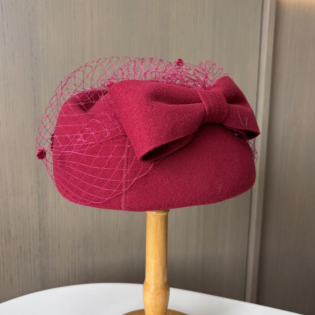 Autumn And Winter Bow Mesh Bud Hat Women'S High-End Sense Warm Felt Styling Top Hat British Style Stewardess Hat