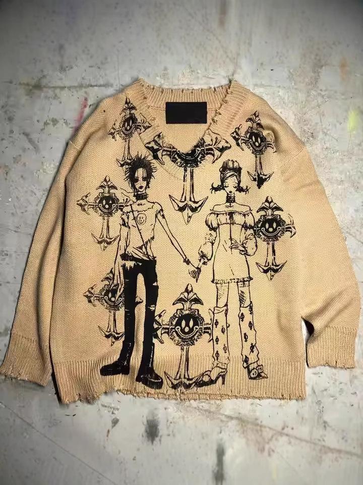 New Millennium Harajuku Punk Knit Sweater: Black Stone Band Print, Ripped Raw Hem, Autumn/Winter Style