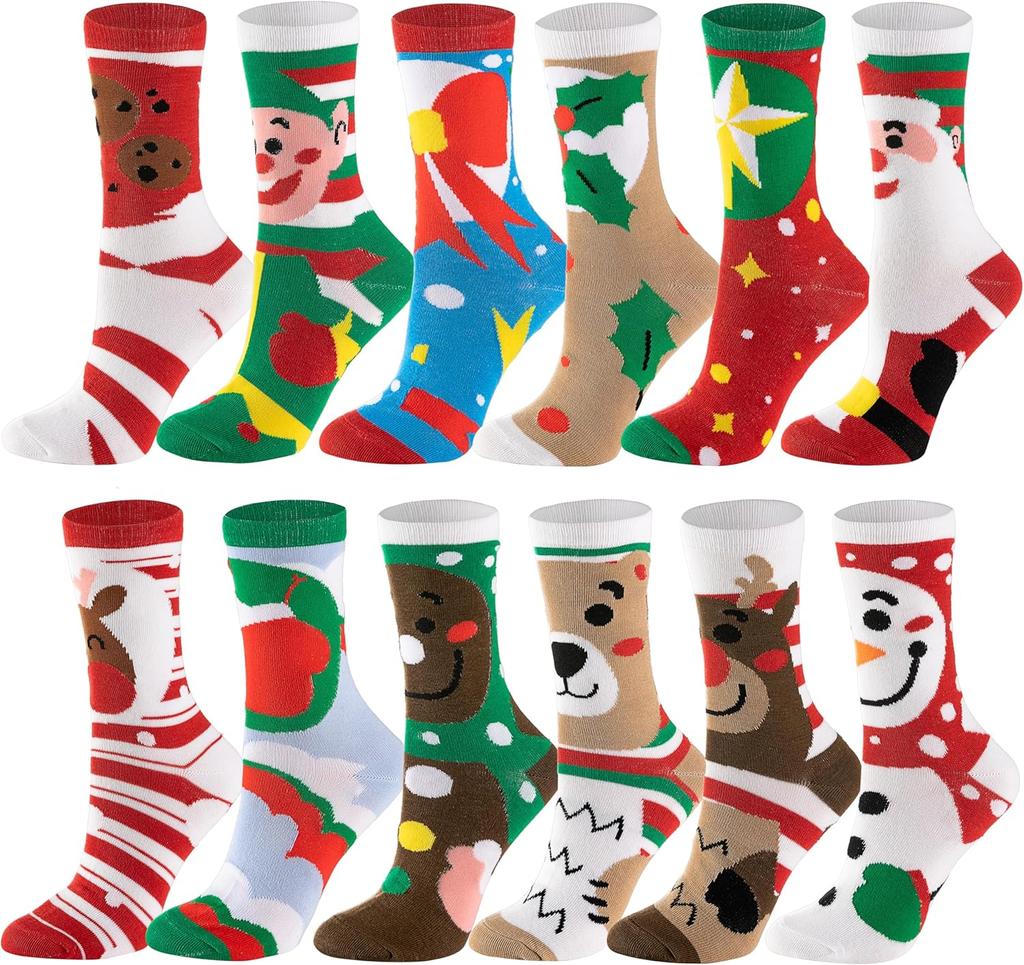 JOYFY 12 Pairs Christmas Socks Christmas Crew Socks for Women Holiday or Birthday Gift