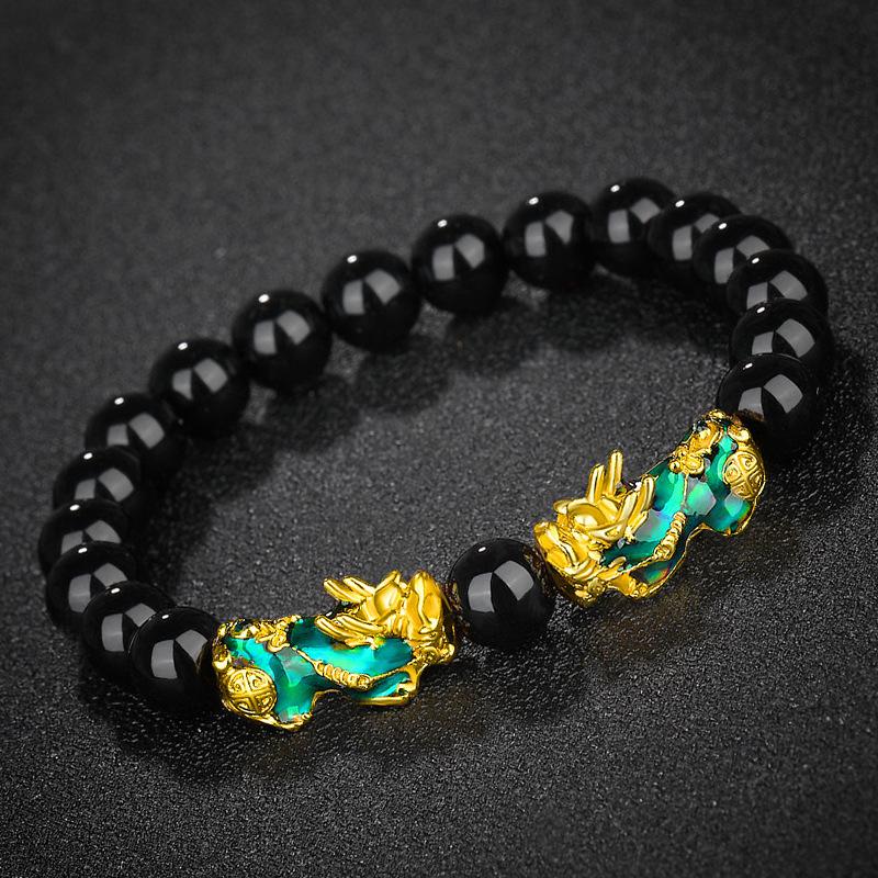 Vietnamese Sand Gold 3D Temperature-Sensitive Color-Changing Pixiu Bracelet, Obsidian Six-Character Mantra Buddha Bead Bracelet.