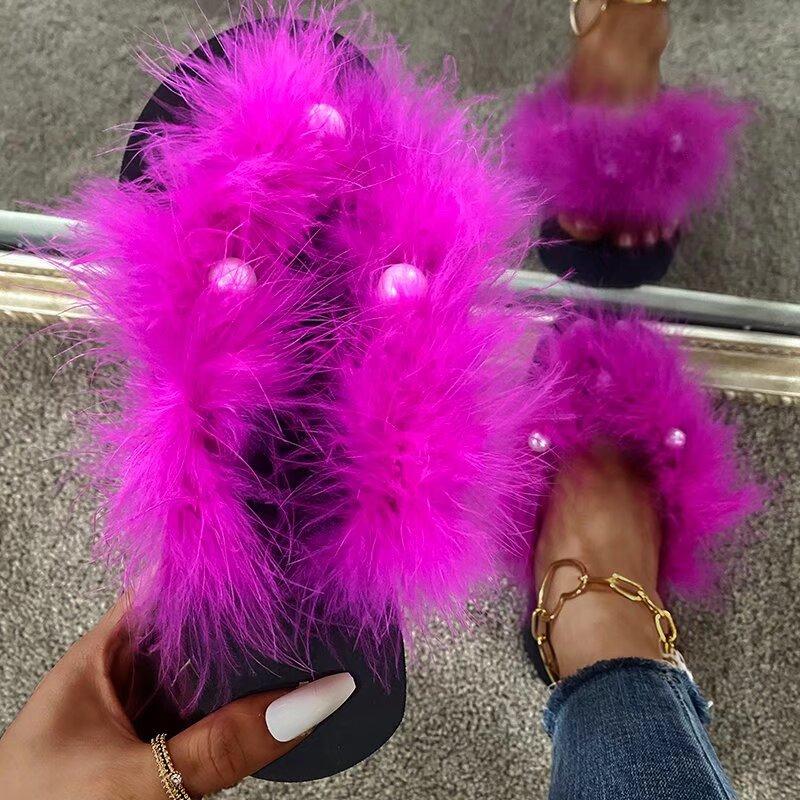 Fashion Summer Fluffy Fur Platform Flip Flops for Women Fashion Pearl Decor Wedges Sandals Woman Thick Sole Non Slip Outdoor Slippers