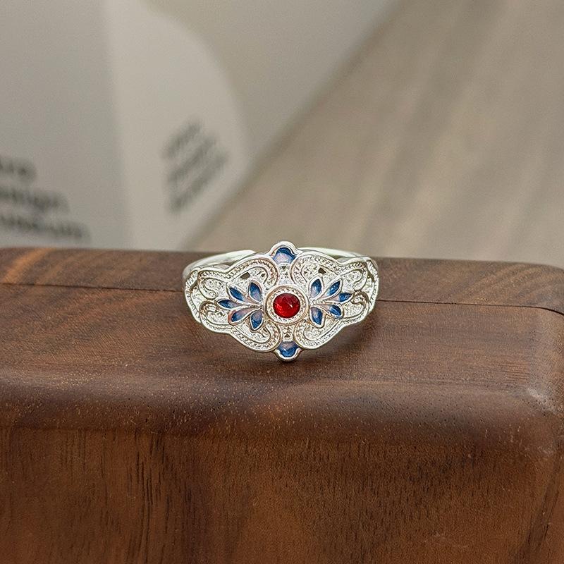 Niche High-End Sweet Sister Country Tide Style Colored Enamel Flower Retro Pattern Open Ring Stacked With Personalized Ring