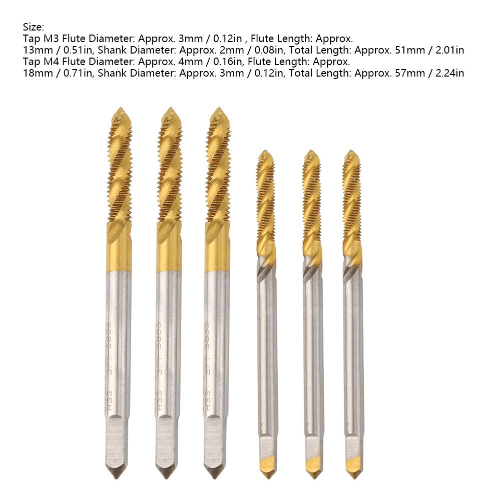 3Sets Spiral Fluted Tap Hand Tool Hardware Accessory High Speed Steel M3 M4 Gold Silver